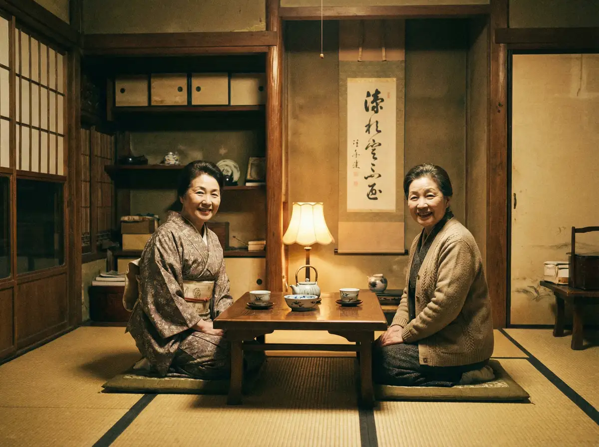 两位优雅的 とろかせおるがず在线 在日式茶室中品茶交谈